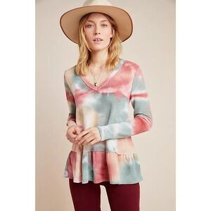 Eri + Ali Women's XL Tie Dye Waffle Knit Long Sleeve Peplum Top